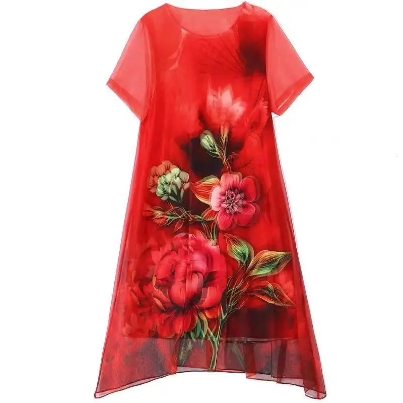 

2021 New Women Summer Faux Silk Chinese Style Dress Elegant Floral Print Plus Size Dresses Female Sundress Vintage Vestidos Q129