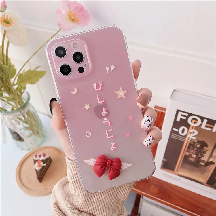 

Cute Bow Powder Suitable for Iphone11pro Max Apple 12 Mobile Phone Shell Xs Transparent 8plus Soft Xr/7 Anti-drop Protection
