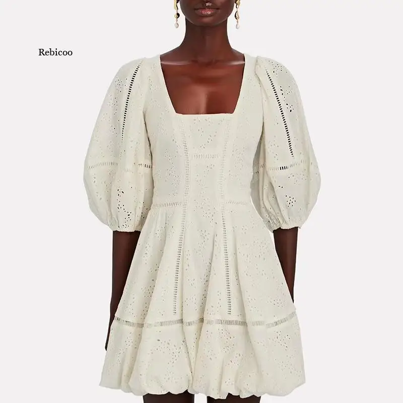 

Summer New Personalized Square Collar Simple Dress Hollow Solid Color Women Clothing High Waist Striped A- Line Short Dress