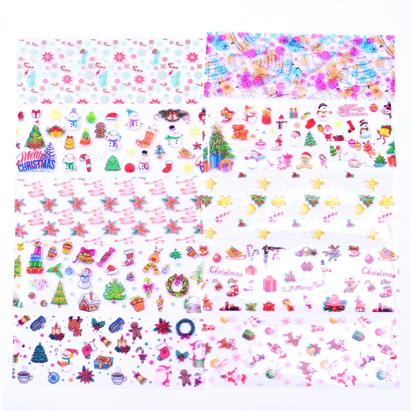

10 Styles Christmas Stickers Sliders For Nails Transfer Foils Flower Snowman Gift Designs Decals Sky Paper Nail Art Decoration