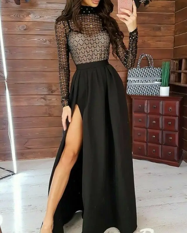 

Summer Maxi Dress for Women 2020 Sexy Sheer Mesh Tulle Long Sleeve Dress Party Night Dress