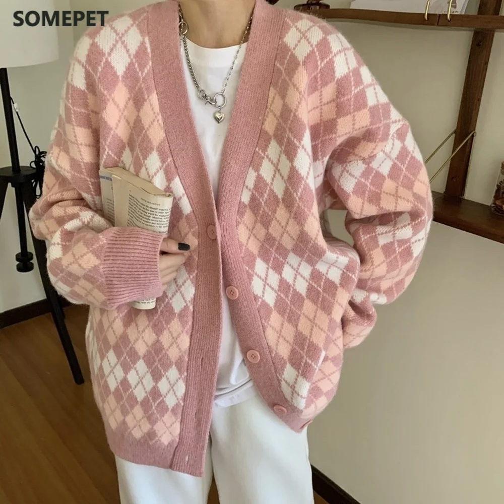 

Ladies Cardigans Long Sleeve Knitted Argyle Sweater Women Korean Pink Vest Sweaters Female Jumpers Cardigan Jacket with Buttons