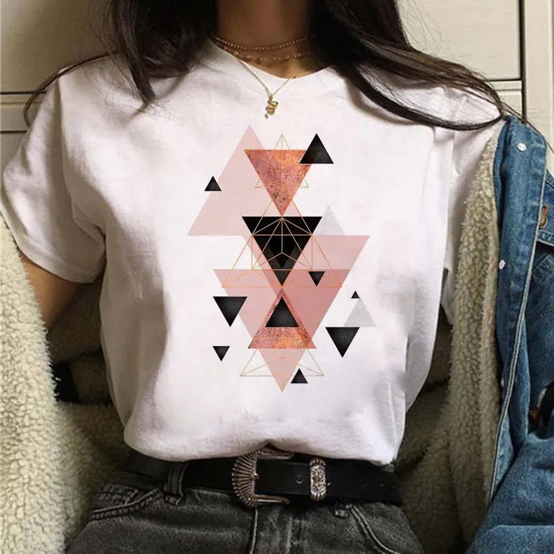 

New Love Geometric Figure Print T Shirt Women White Tshirt Harajuku Fashion O-neck T-shirt Leisure Female Tops Oversized Clothes