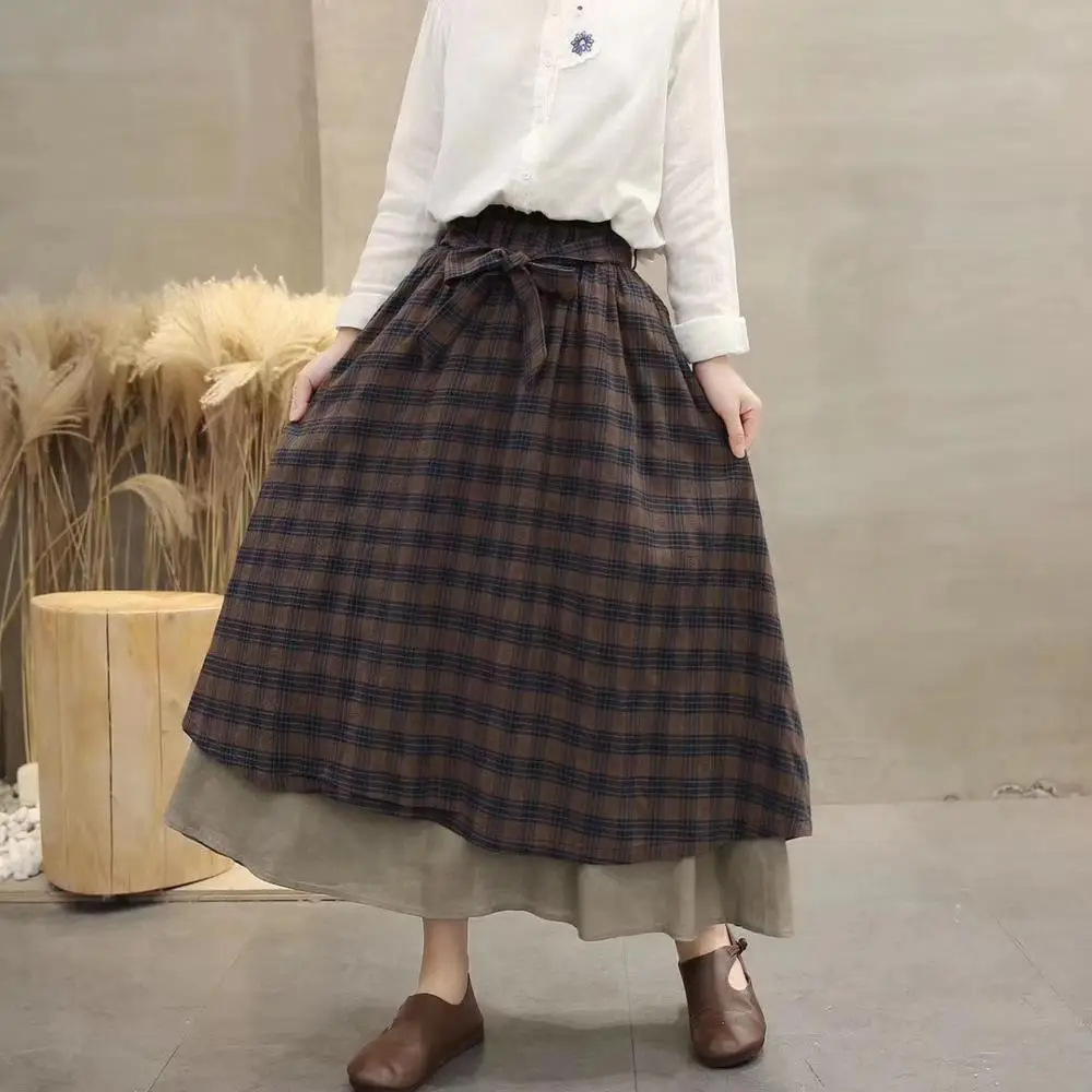 

Lamtrip Unique Vintage England plaid Elastic waist A-Line bow belt layers skirt mori girl 2021 June new arrival