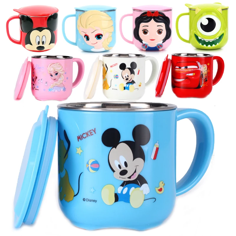 280mL Disney Mickey Cartoon Water Cup 304 Stainless Steel Mug Children Milk Coffee Drinkware with Lid Handle Office Home Cups