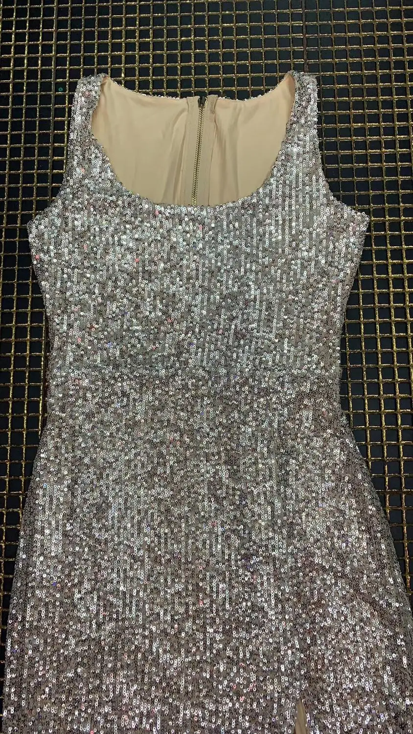 

2019 Autumn Vestidos Women Sexy Designer Long Sequins Silver Party Dress Celebrity Night Club Split Maxi Sparkly Party Dress
