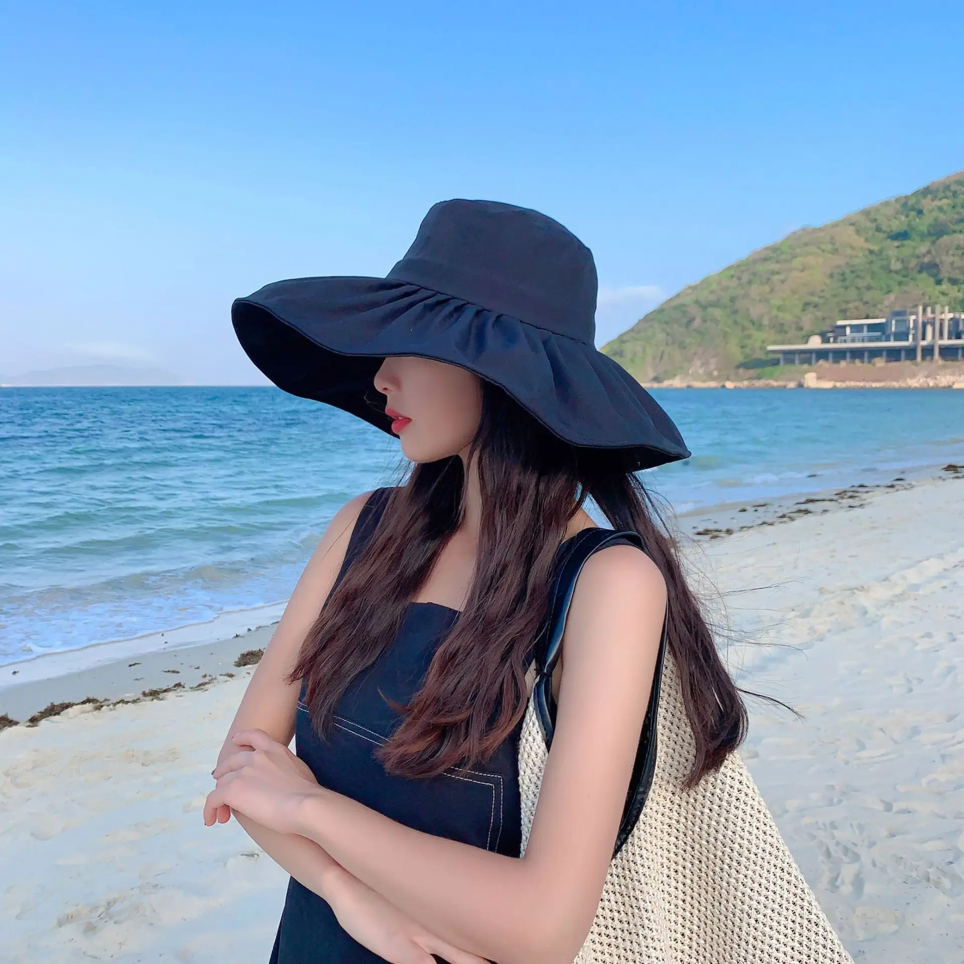 

Fisherman Hat Women's Summer Solid Color Women's Beach Travel Big Brim Shade Sun Hat Black Khaki Blue