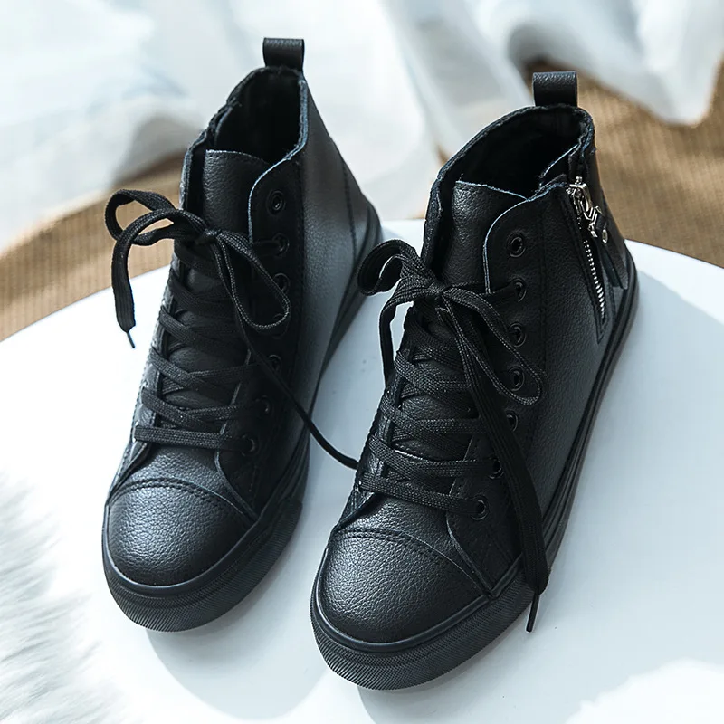 

PU Leather Shoes Women High Sneakers Black White Sneakers Women Shoes 2020 Fashion Zip Soulier Femme Soft Rubber Shoes for Women
