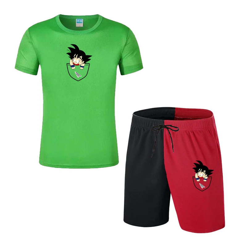 

Men's Summer T-Shirt + Left And Right Color Matching Shorts Fashion Sports Suit Quick-Drying Breathable Running Fitness Suit