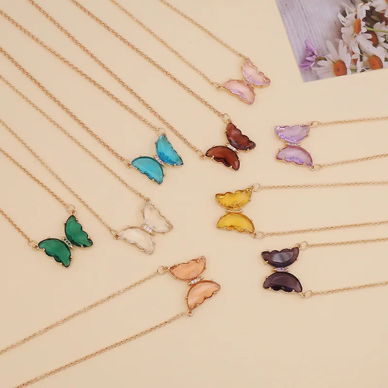 

Multicolor Butterfly Pendant Necklace For Women Delicate Zircon Gold Color Clavicle Chain Necklace Rings Fashion Jewelry