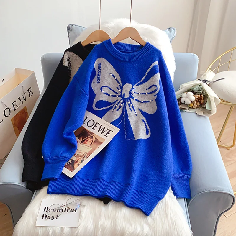 

SONG YI Blue O Neck Sweater Women 2022 Fashion Butterfly Jacquard Printed Knitted Pullover Sweet Long Sleeve Female Jumper A0223