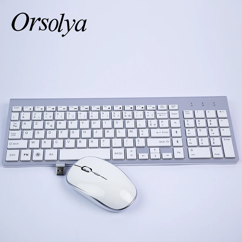 2,4G Беспроводная клавиатура и мышь Combo Orsolya Compact полноразмерная клавиатура и 2400 точек/дюйм оптическая мышь с низким уровнем шума, английский, испанский, немецкий, японский, французский, серебристый и белый
