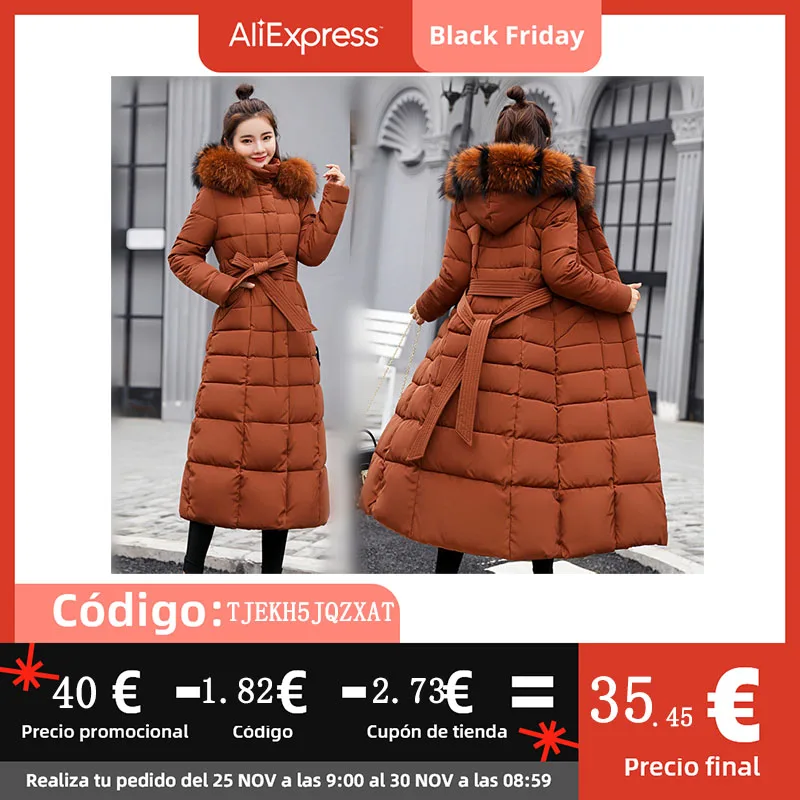 

Parkas Women Winter Jacket Long Padded Slim Coat Hooded Warm Fashionable Solid Belt Parka Korean Hight Waist New Female WPA02