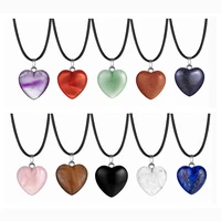 natural stone love heart pendant necklace 45cm black leather cord for women men friendship happy jewelry