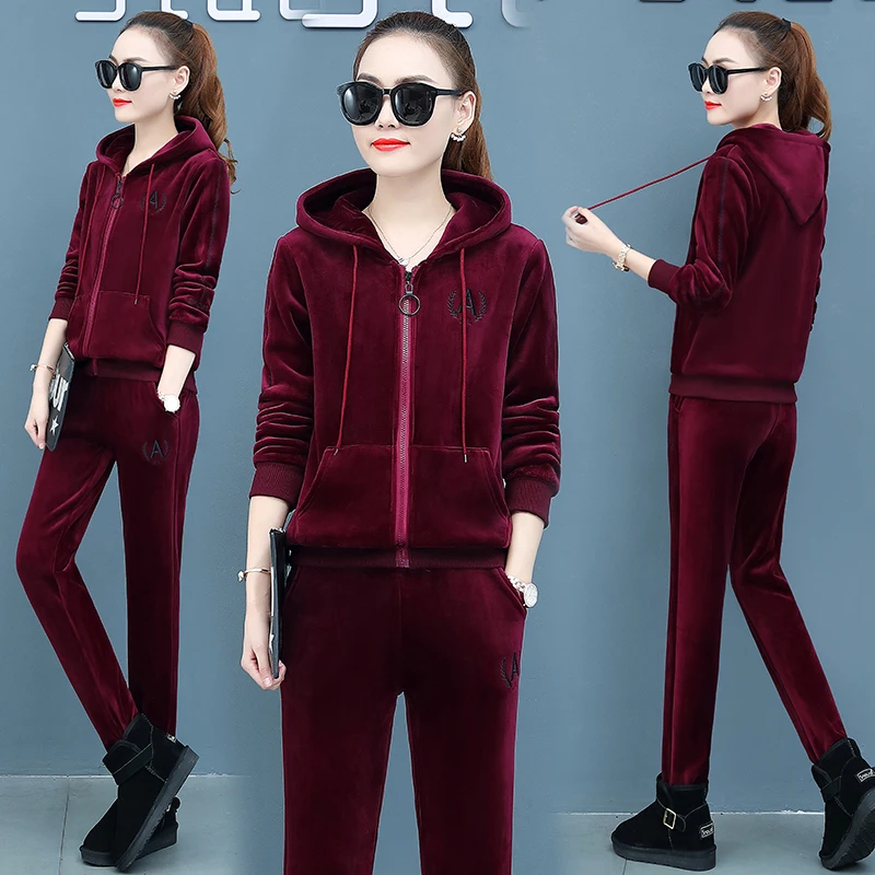 Бархатный толстый спортивный костюм для женщин 2019 зимний женский плюс размер