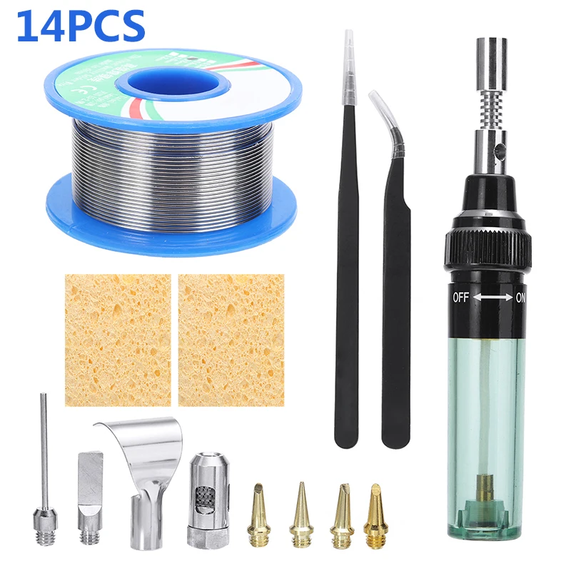 14pcs/set Gas Soldering Iron Electric Solder Gun Blow Torch Welding Tool DIY Cordless Gas Welding Gun Kit w/7pcs Soldering Tips