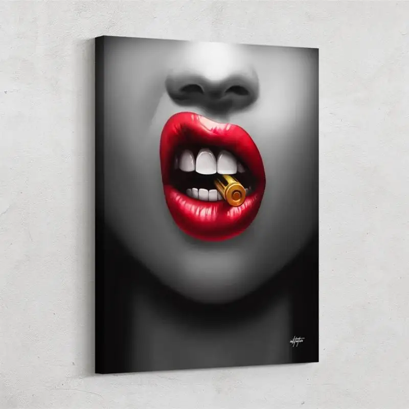 

Sexy Smoking Kiss Girl Canvas Painting Poster And PrintS Morden Wall Art for Living Room Home Decor Red Lips Bullet Kiss Picture
