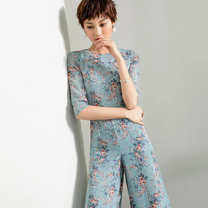 2020 Summer Party Jumpsuit for Women High Street Chiffon Print Elegant Half Sleeve O-Neck Wide Leg Rompers Plus Size 3XL 4XL