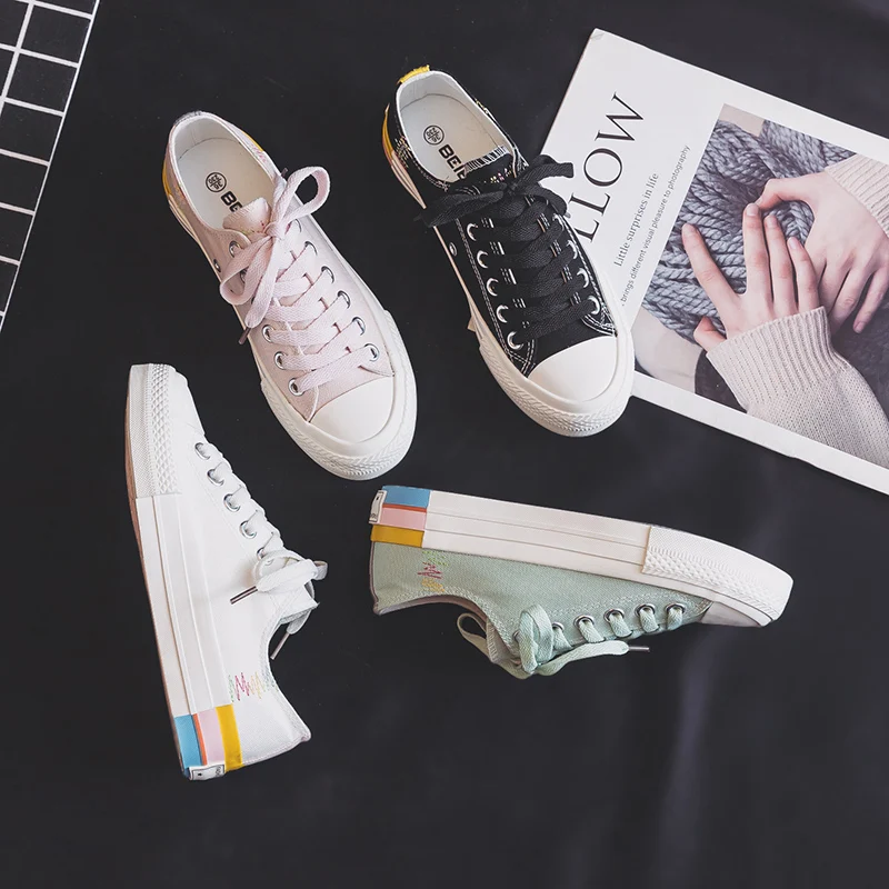 

2021 New Style Canvas Shoes Women's Korean-style Multi-color CHIC Students Street White Sneakers Pink Trainers Low Top Flat Heel