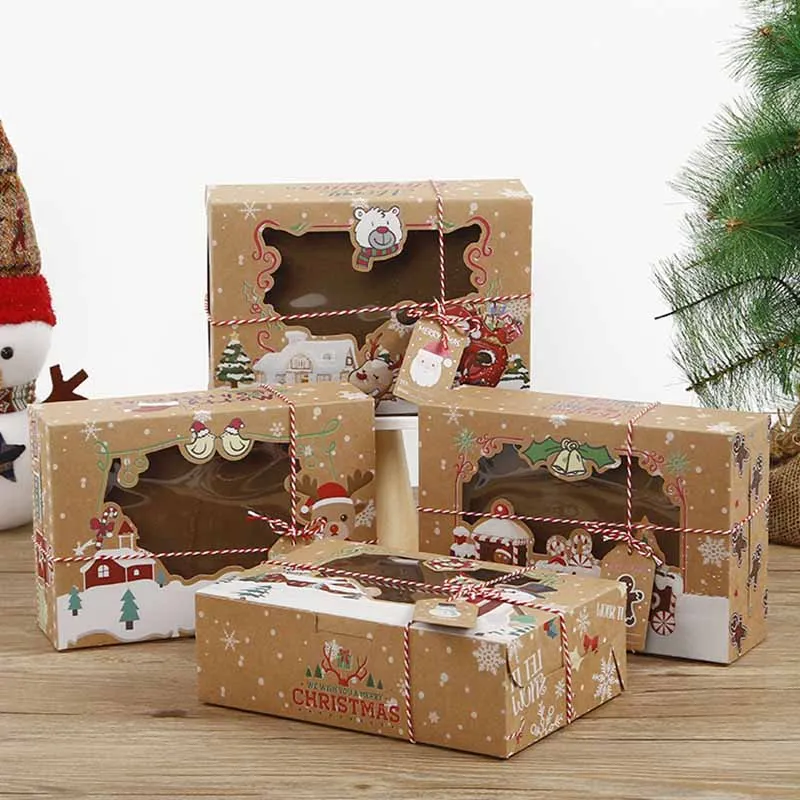 

12pcs Mix Paper Gift Boxes Large Size For Christmas Candy Cake Cookies Packaging Presents Box with Snowman Santa Claus Gift Card