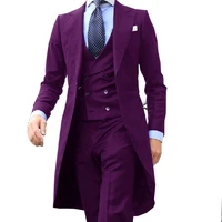 jeltonewin latest design purple men suit long 3 pieces groom wedding suit for men jacketvestpants costume mariage homme