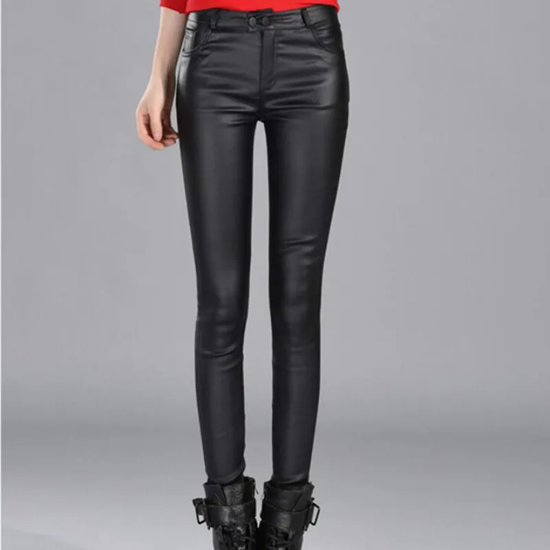 Осенне-зимние женские кожаные брюки высокие блестящие облегающие Женские