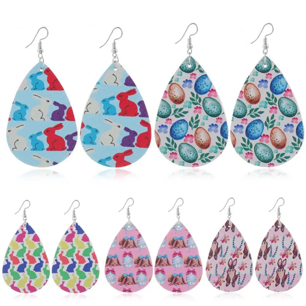 

Women Easter Bunny Egg Teardrop Dangle Faux Leather Hook Earrings Jewelry Gift