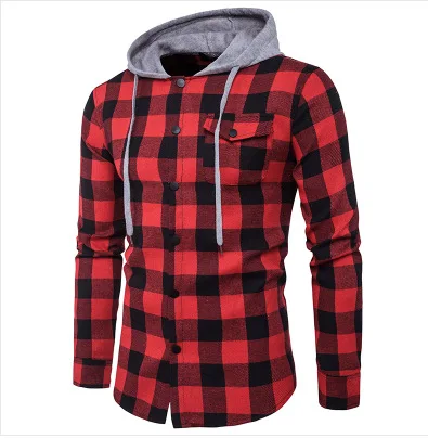 

The new fashion 2017 large grid series men bag decoration leisure hooded plaid shirt