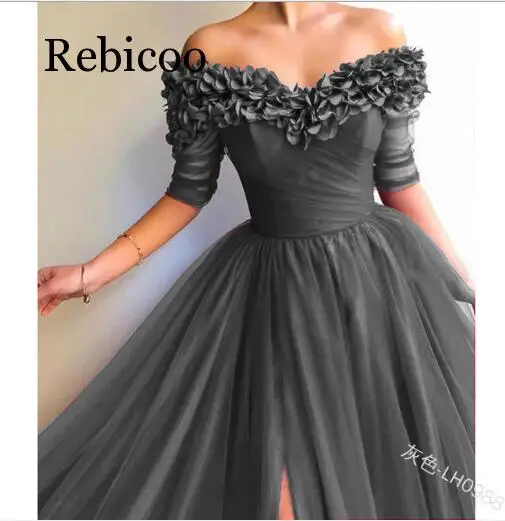 Женское вечернее платье с открытыми плечами длинное Бордовое из тюля рукавом 3/4 и