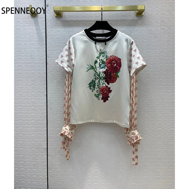 

SPENNEOOY Designer Brand Autumn Vintage Flower Print Blouse Tops Women Elegant Lantern Sleeve Fake Two Pieces Blouses