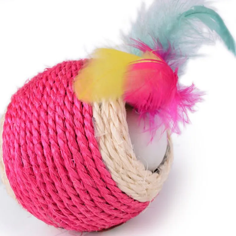 

New Arrival New Cat Pet Colorful Sisal Rope Chase Feather Ball Cute Kitten Play Exercise Toy Free shipping