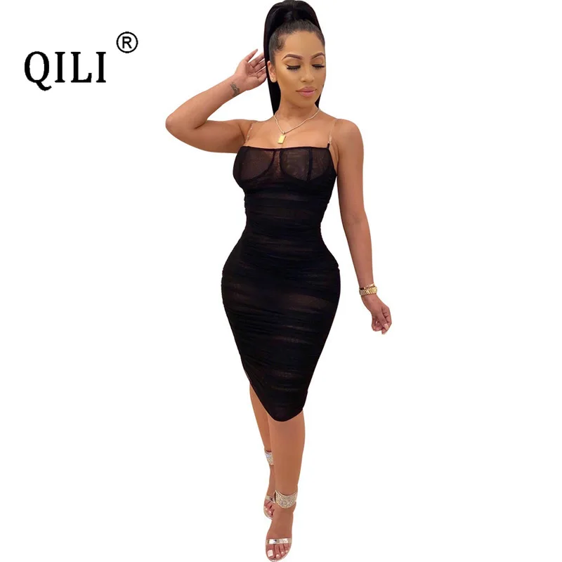 Новинка Весна 2020 женское прозрачное Сетчатое платье QILI с бретельками для