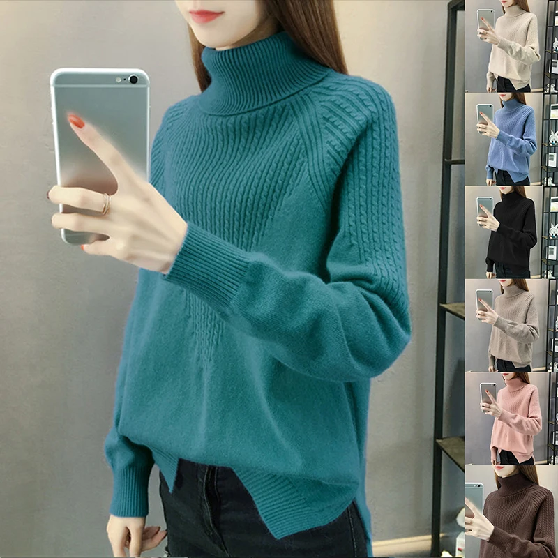 

Long Sleeve Women Turtleneck Sweater Autumn Winter Cashmere Thick Warm Oversized sweater Knitted Jumper Top Pull Femme