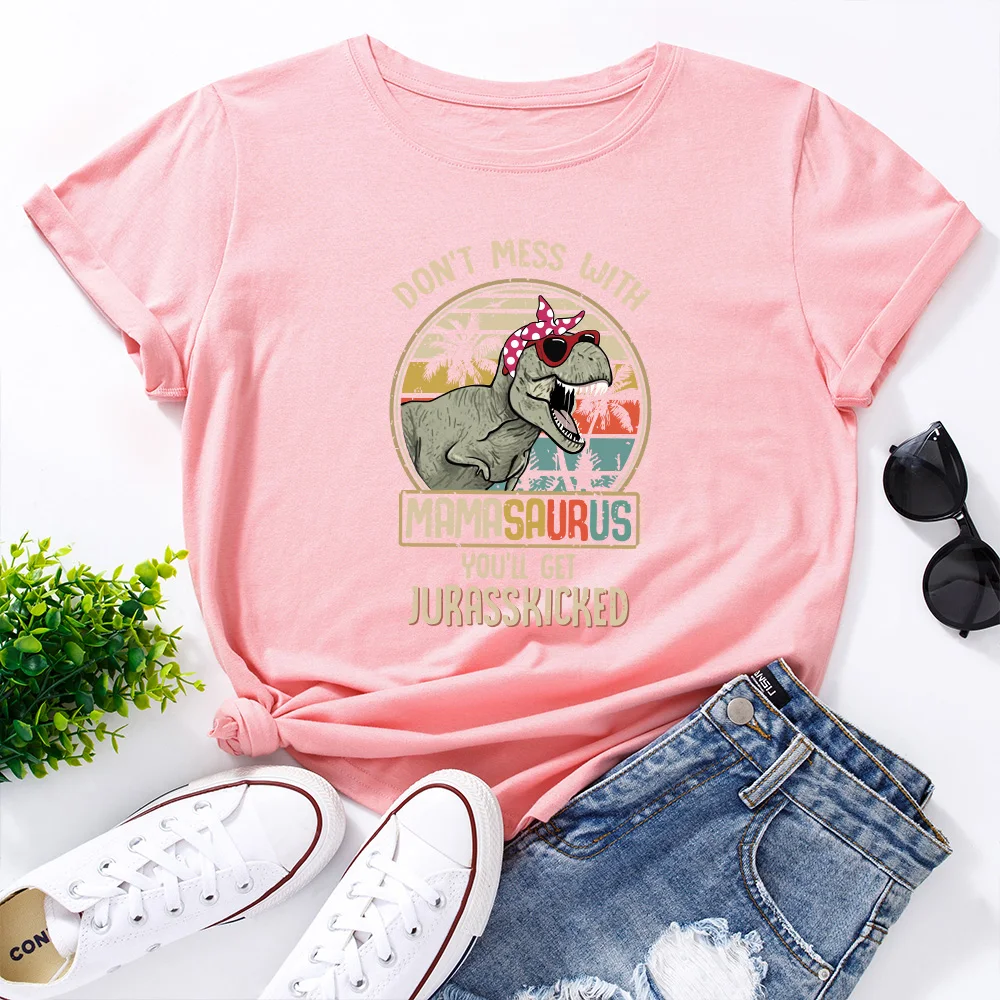 Women's Graphic Tees Cotton Short Sleeve Crew Neck Loose T Shirt Plus Size Tops Female Summer Clothes on't Mess with MamaSaurus