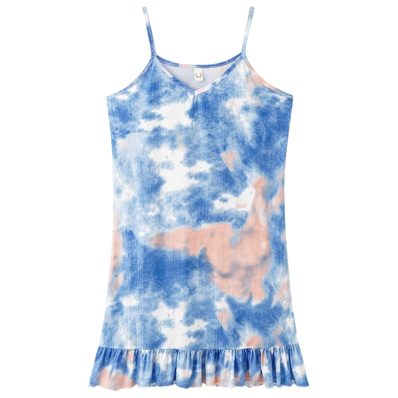 

BZEL 2021 V Neck Color Printing Sleeveless Ruffles Ruched Sexy Sweet Dress Spring Summer Women Fashion Homewear Nightwear