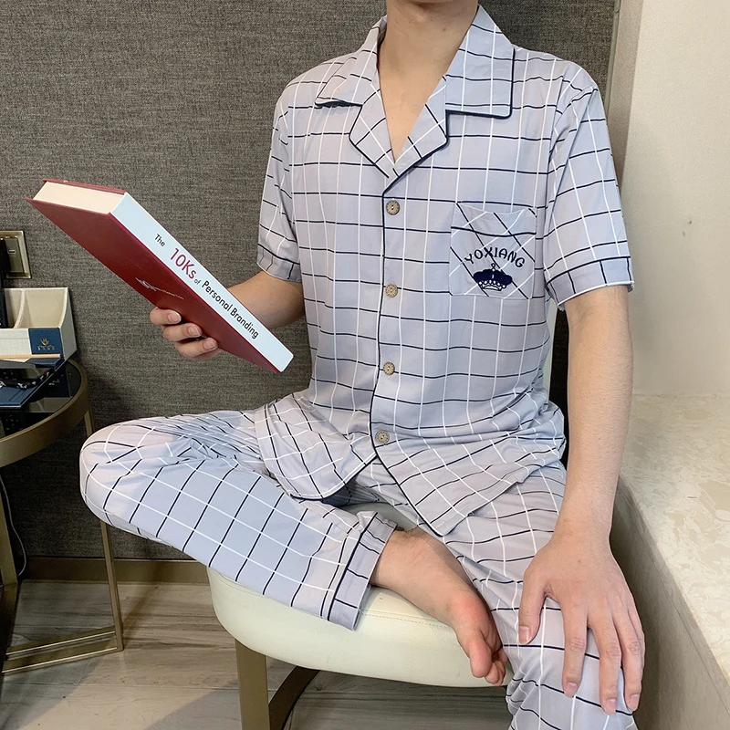 CAIYIER Summer with Short Sleeves Men's Pyjamas Suit Men Leisure Sleepwear Hort Sleeve Long Pants Blue Plaid Pijama 3XL Homewear