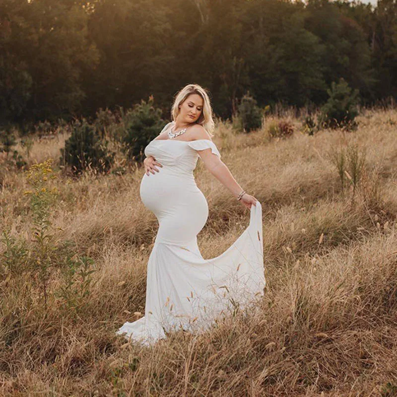 Vestidos de maternidad con cuello en V para sesi&oacute;n de fotos, vestido Sexy de manga con volantes para el embarazo, vestido Maxi elegante para fotograf&iacute;a, novedad de 2020-5
