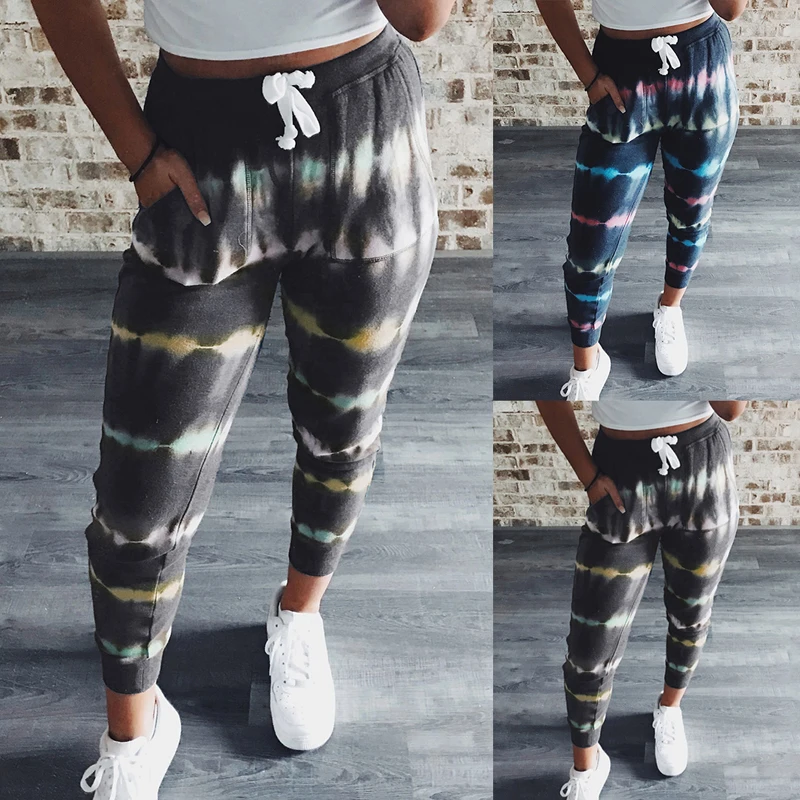 Fashion Womens Tie Dye Pants Casual Loose Streetwear Drawstring Sweatpant Workout Long Trousers with Pockets Summer Harem | Спорт и