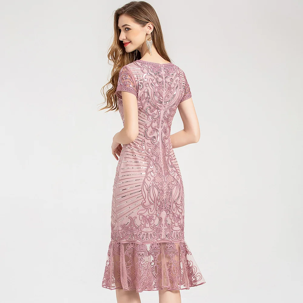 

Plus Size Embroidered Elegant Dress Ladies Temperament O Neck Short-sleeve Women Dresses Summer 2020 High-quality Mermaid Dress