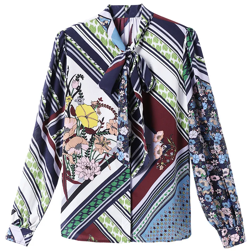 

2020 spring summer new ribbon women's 100% silk shirt Irregular printed silk bowknot blouse high quality clothing