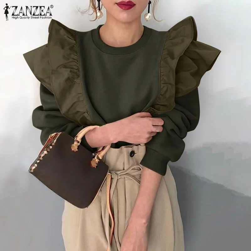 

Women Fashion Solid Sweatshirt ZANZEA Holiday Patchwork Tops Casual Oversized Long Sleeve Pullovers Spring Autumn Ruffle Hoodies