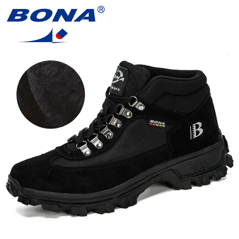 Black Silver Gray BONA/; Мужская походная обувь; сезон осень-зима; кожаные ботинки с высоким берцем; походная обувь для охоты; мужские кроссовки; походные уличные кроссовки - Цвет: Black Silver Gray