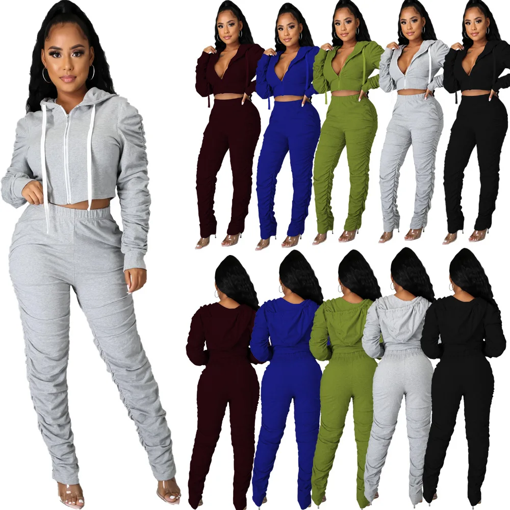 

8CQ089 Autumn Winter Women Casual Fashion Solid Zipper with Hood Navel Sports Two Piece Set Tracksuit Sweatsuit Outfits Hot 2020