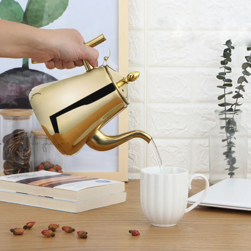 1L/1.5L/2L утолщенный 304 чайник из нержавеющей стали, индукционный Ретро чайник, кофейник и ситечко для заварки, кухонный бойлер для воды