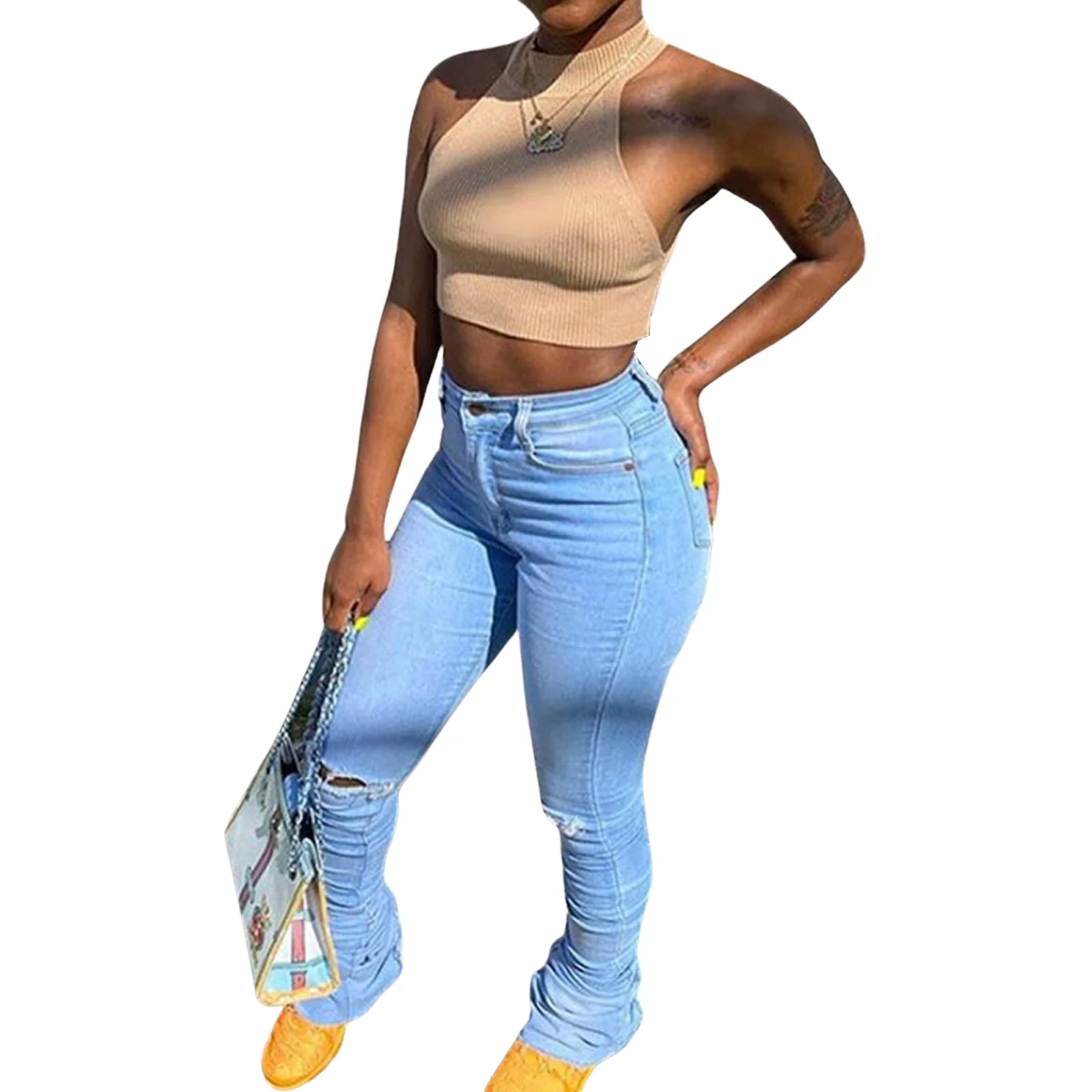 

Nice Pop Women’s Korean Slim Fit Jeans Vogue Solid Color High-waist Ripped Skinny Denim Trousers All-match