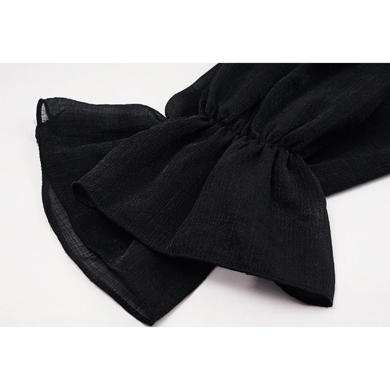 

[EAM] Women Black Ruffles Lace Elegant Dress New Round Neck Long Puff Sleeve Loose Fit Fashion Tide Spring Autumn 2021 1DD7885