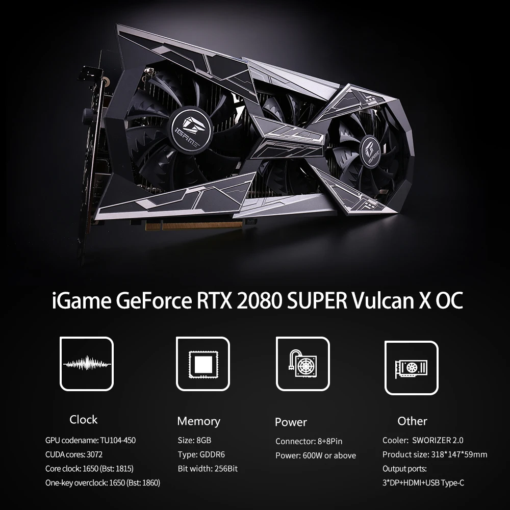 Красочные iGame GeForce RTX 2080 супер графические карты Vulcan X OC GDDR6 8G NVIDIA GPU, графический ппроцессор NVIDIA один ключ Overclock RGB lcd PCI-E3.0 порт