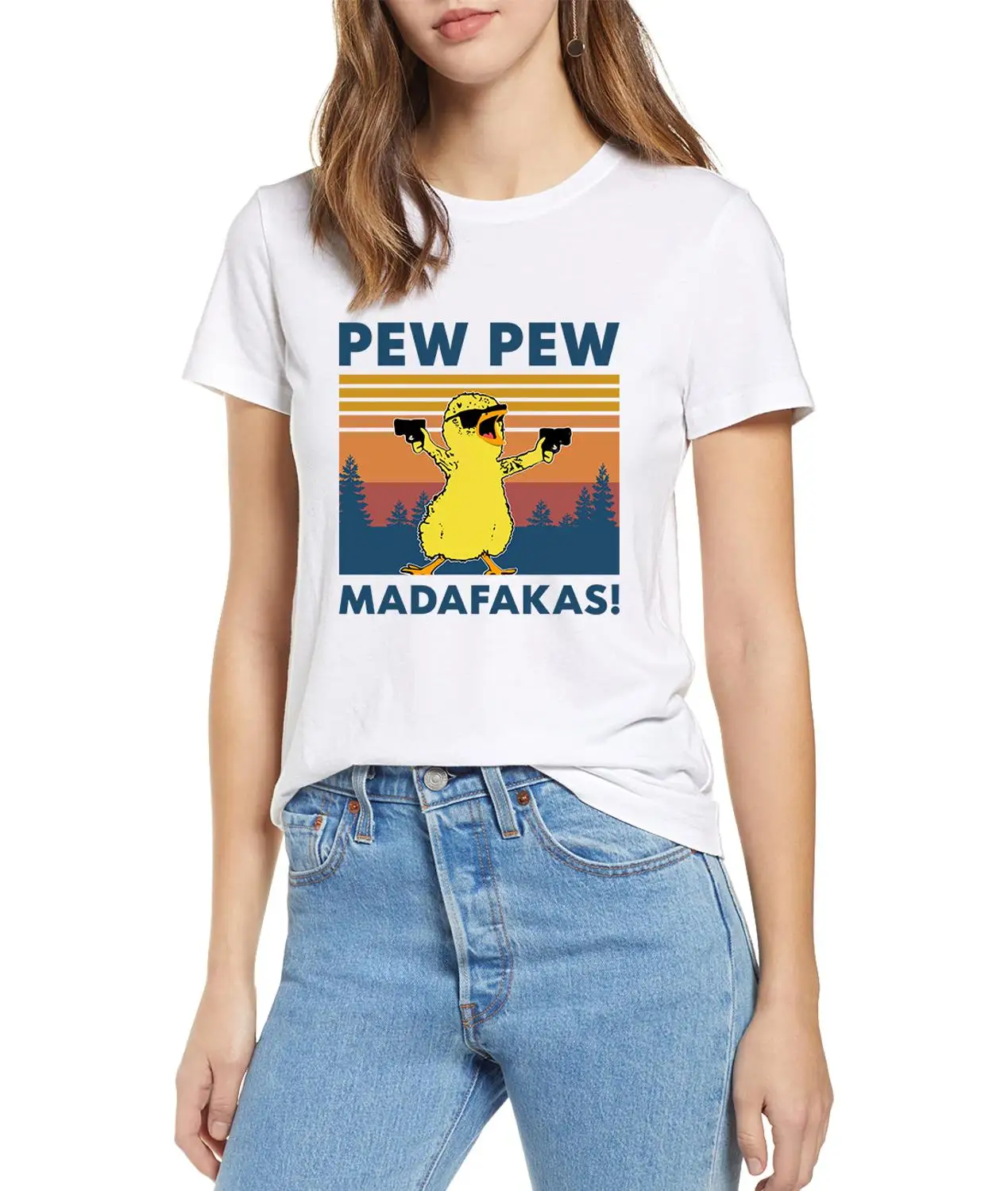 

Pew Pew Madafakas Funny Chicken Gangster Meme Vintage 2020 Summer Women's 100% cotton short sleeves T-Shirt Humor Gift Tops tee
