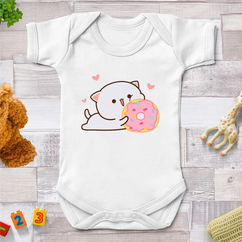 

Newborn Romper Cute Cartoon Cat Donut Graphic Printed Baby Outfit Infant Summer Short Sleeve Kawaii Onesies Boys Girls Jumpsuit
