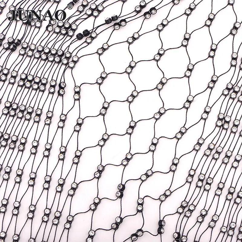 2Rhinestone Black JUNAO 1 метр блестящий черный AB Швейные Хрустальные сетчатые Стразы ткань стеклянная отделка стрейч аппликация из страз для украшения платья - Цвет: 2Rhinestone Black